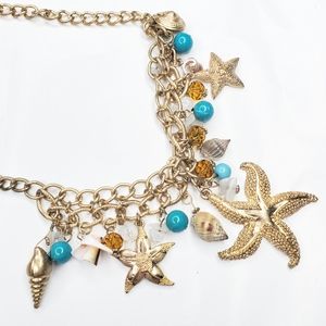 Gold Tone Metal Sea Life Charm Chain Link Necklace
